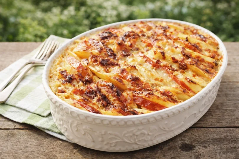 Gratin de pommes de terre, tomates et mozzarella