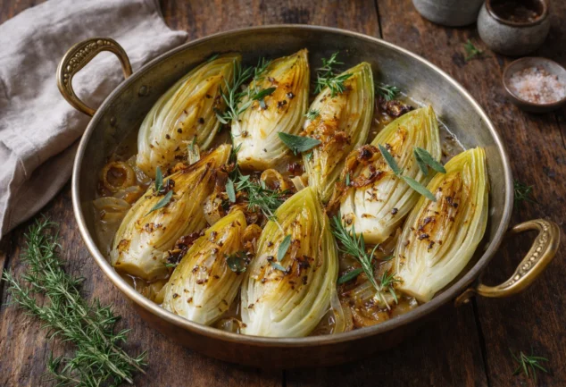 Endives braisées aux oignons, fondantes et légèrement caramélisées