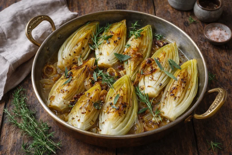 Endives braisées aux oignons, fondantes et légèrement caramélisées