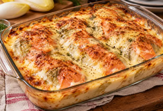 Endives au saumon fumé gratinées, crème à l’aneth et comté doré
