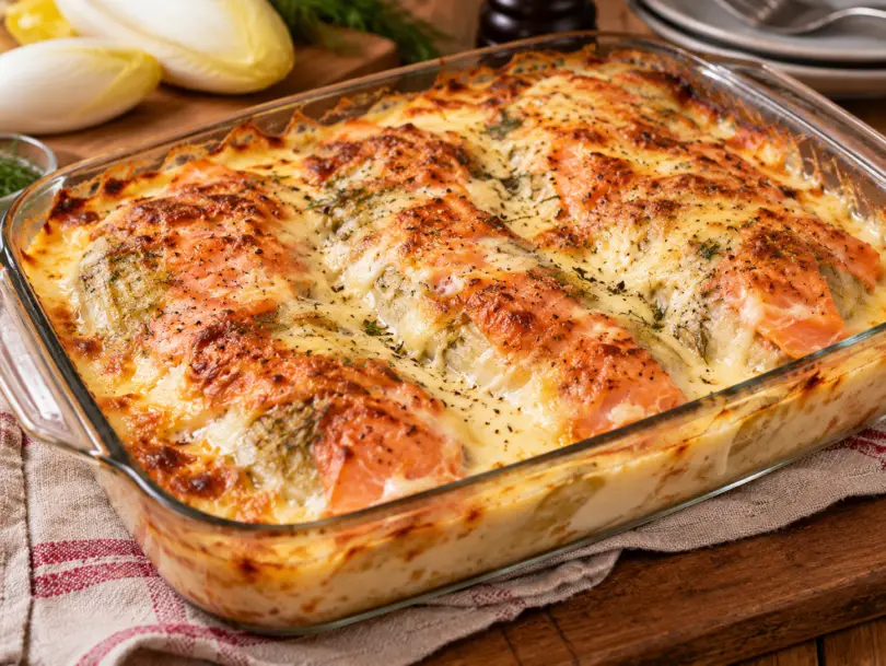 Endives au saumon fumé gratinées, crème à l’aneth et comté doré