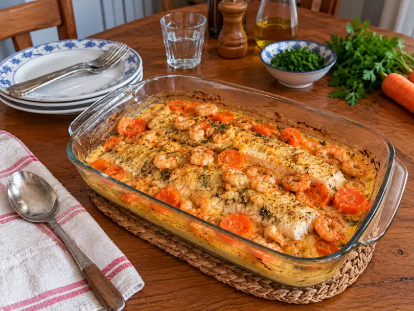 Poisson blanc aux crevettes et carottes, sauce crémeuse à l’estragon